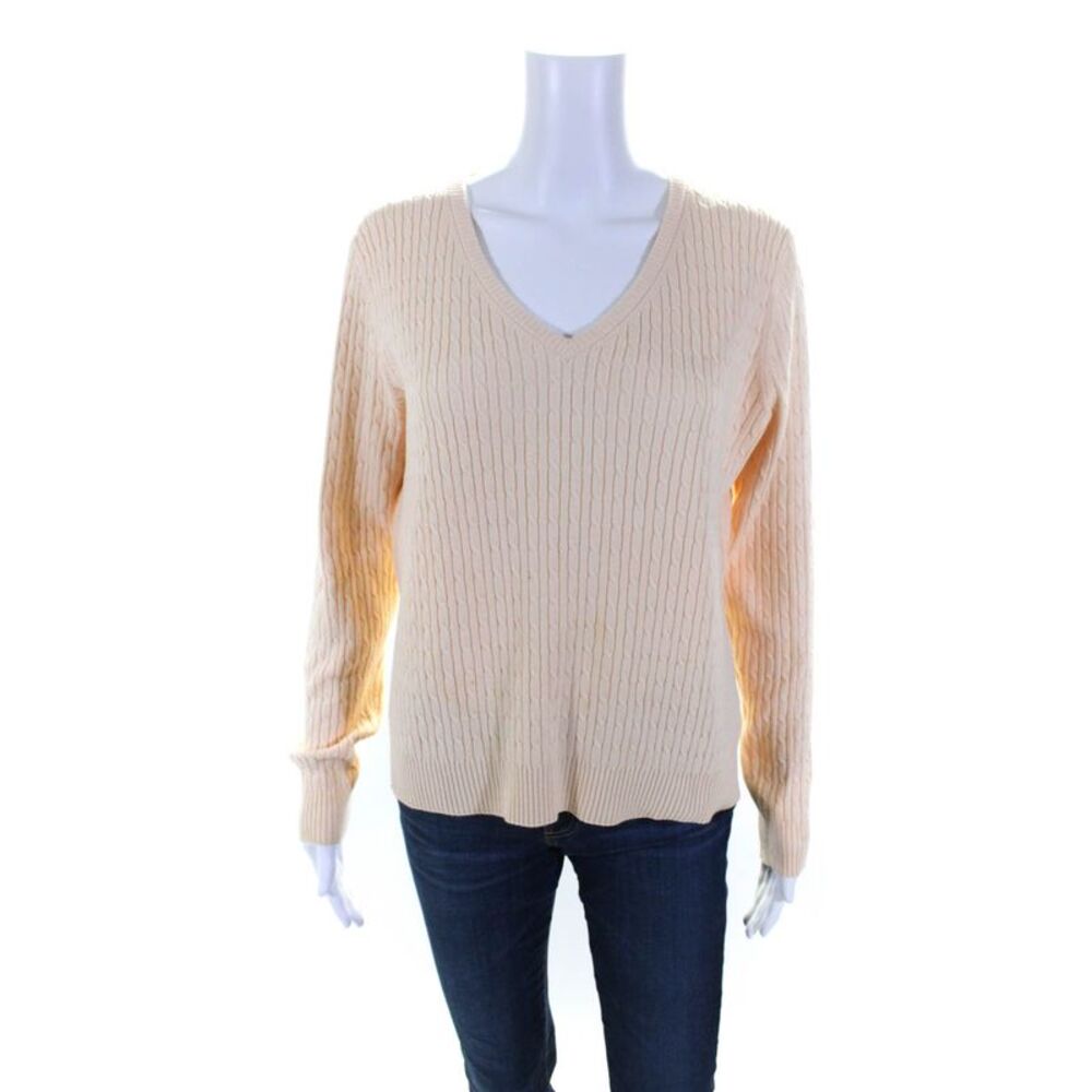 Tehama Nancy Haley Womens Cream Cable Knit V-Neck Pullover Sweater Top Size M